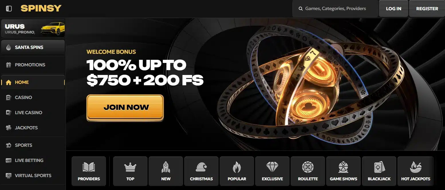 Spinsy frontpage with a menu on the left and a banner showing a 100% welcome bonus