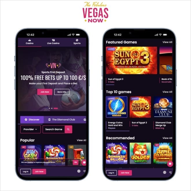 screenshots of vegasnow on mobiles on a white background